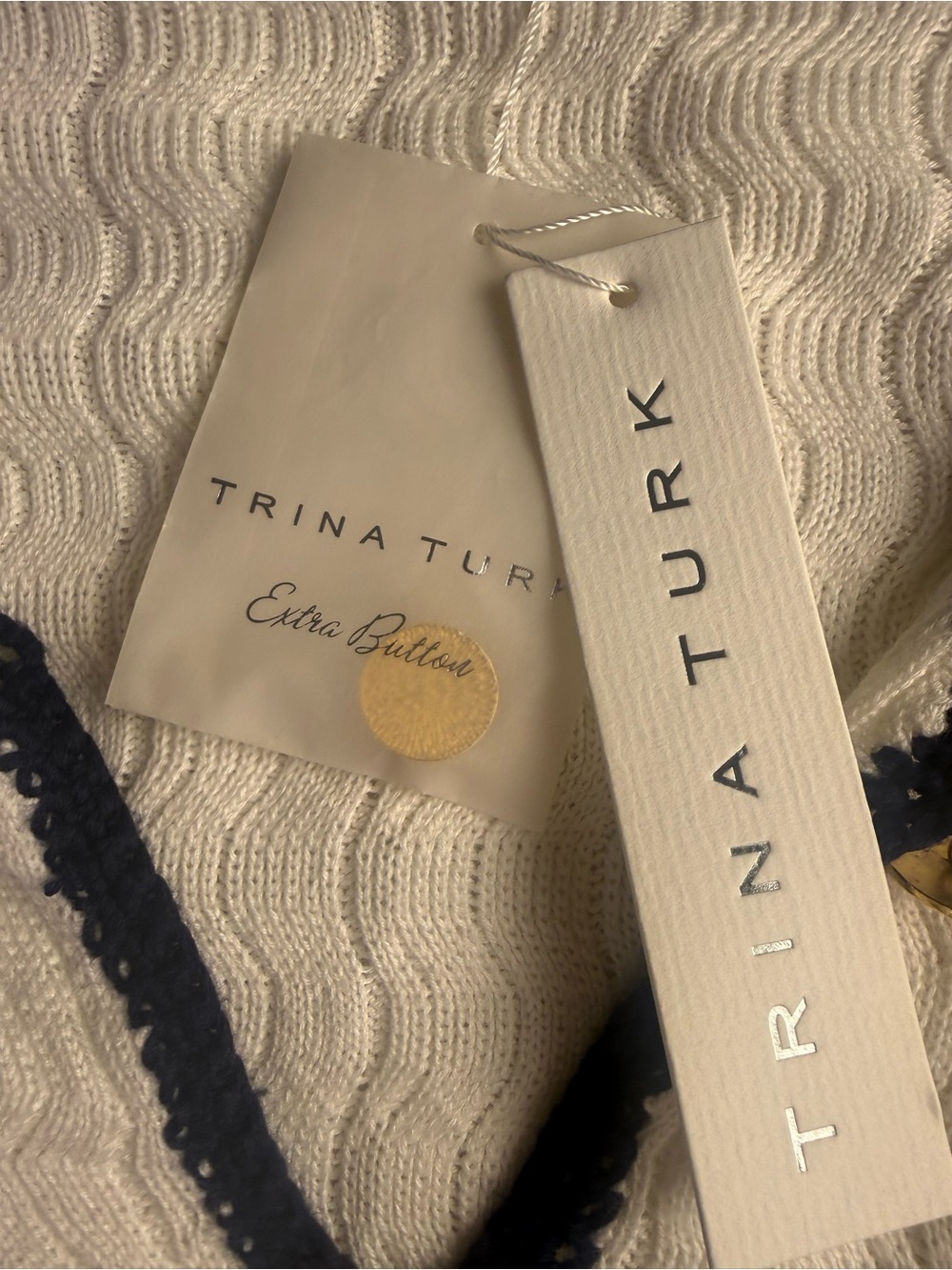 NWT Trina Turk Vermouth 4 Pocket Cardigan Gold Buttons White Blue Sweater M - Picture 5 of 16